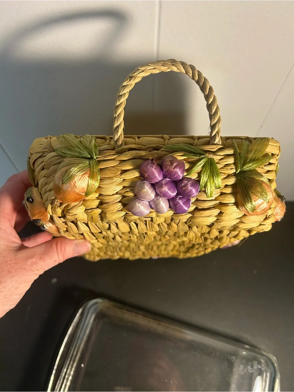 Vintage Pyrex casserole dish 3D fruit motif woven raffia basket